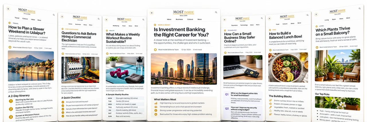 A curved showcase of Most Inside article designs covering travel, home maintenance, health, careers, technology, food and gardening.