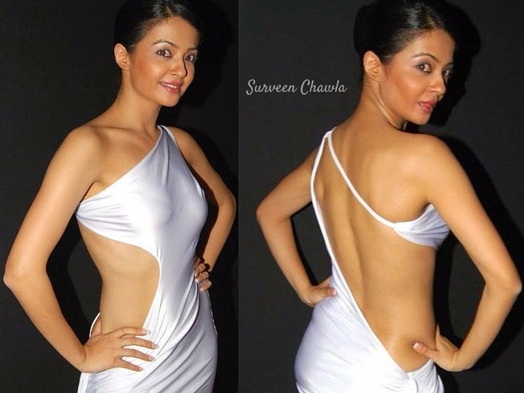 Surveen Chawla in White Silver Satin Sheen Cut Out Waist Evening Gown 