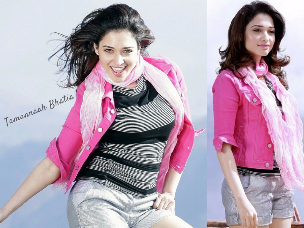 Tamannah Bhatia in Shorts With a Black Printed Top and a Magenta Pink Top Coat