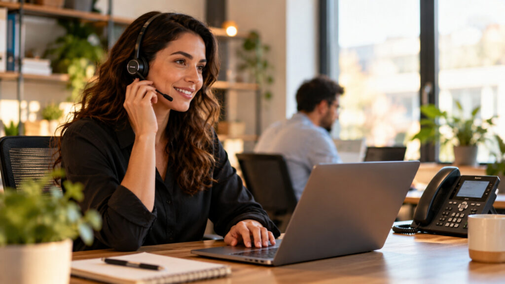 Business professional wearing a headset and using a laptop in a modern office, with a desk phone beside her.