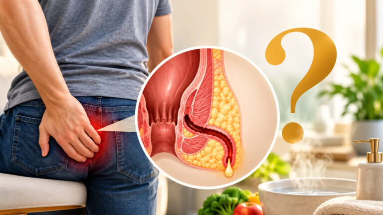 Medical illustration showing a man experiencing anal fistula discomfort, with an anatomical cross-section of the fistula tract and supportive care elements, including a warm sitz bath.