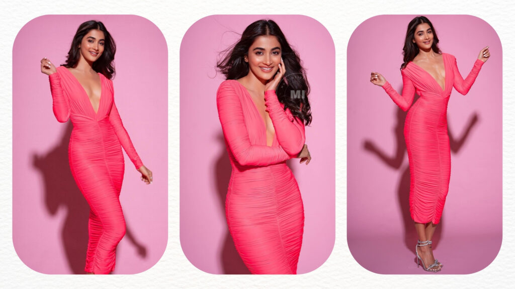 Pooja Hegde in peach pink ruched bodycon dress