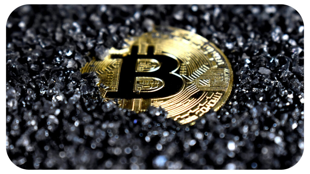 Bitcoin in shining black crystals.