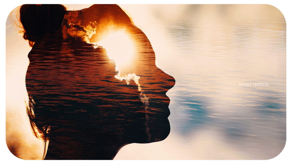 Sun behind the clouds in woman's head.