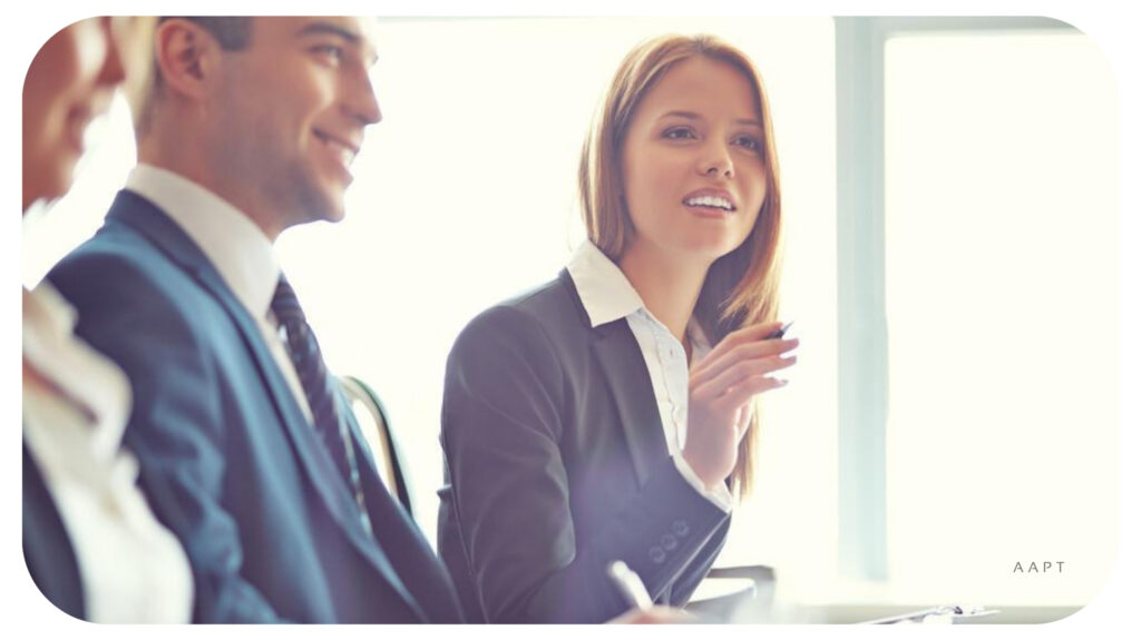 women speaking in business meeting