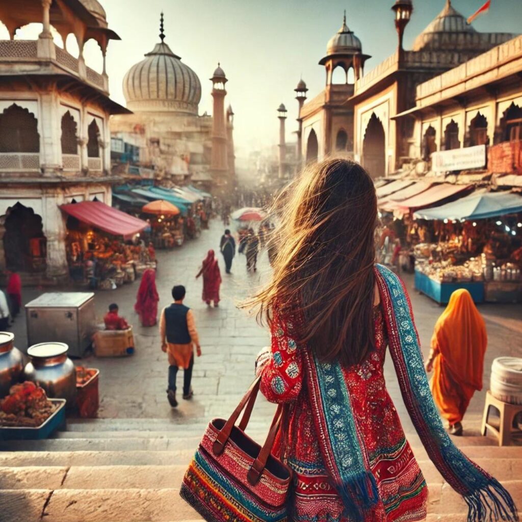 beautiful girl walking in Delhi streets.