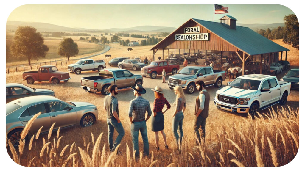 image of people buying cars in a rural area.