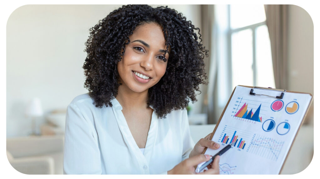 business woman presenting charts and graphs on video call online.