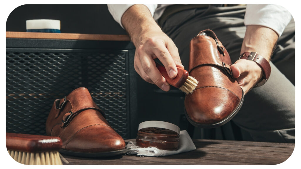 Man applies shoe polish with a small brush.