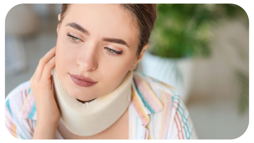 woman with cervical collar on neck at home.