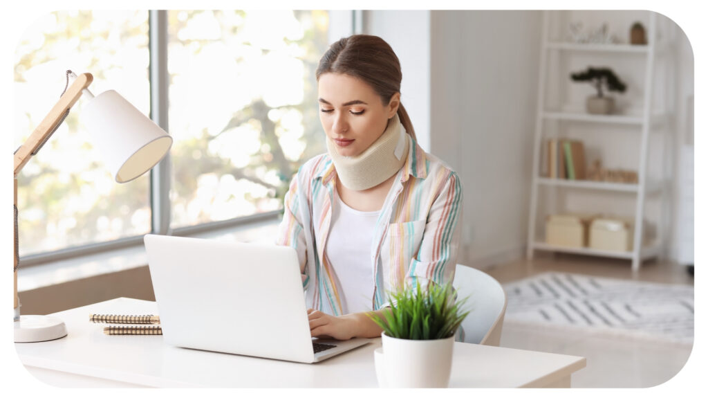 woman with cervical collar on neck using laptop at home.