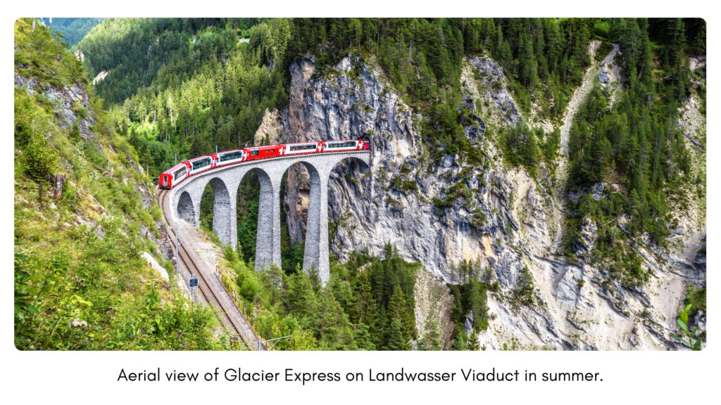 Aerial view of Glacier Express on Landwasser Viaduct in summer.