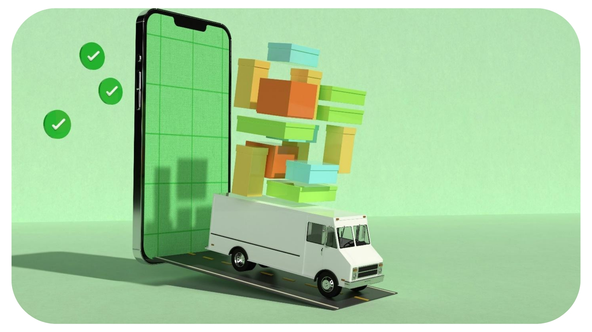 a mobile phone with a delivery truck in front of it