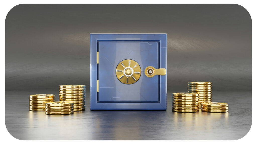 a blue safe surrounded by stacks of gold coins.