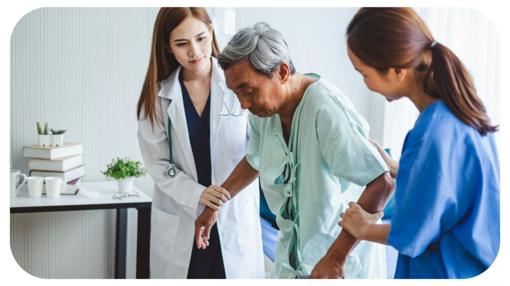 doctor woman and nurse encourage disabled old man patient sitting on bed at hospital.