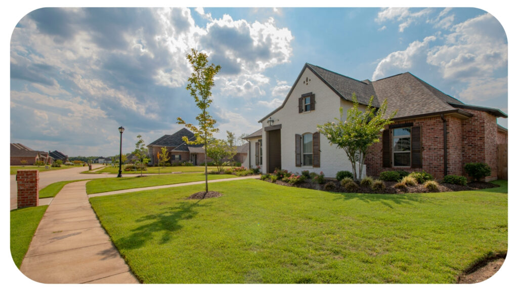 white and brown house near green grass field under white clouds and blue sky during daytime.