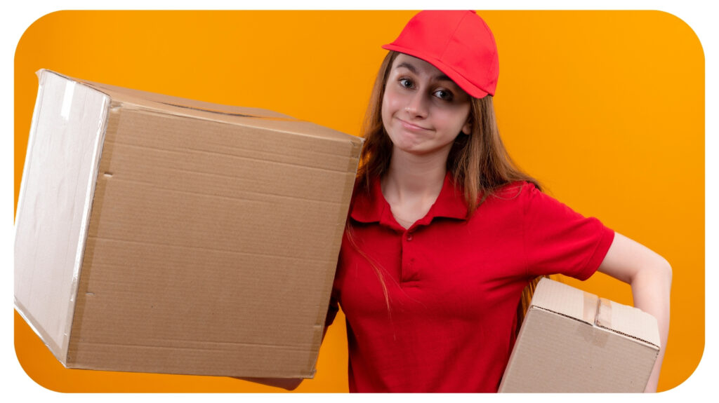 Young delivery girl in red uniform holding boxes on isolated orange wall.
