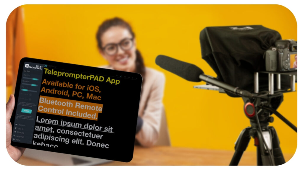 Girl showing teleprompterPAD App