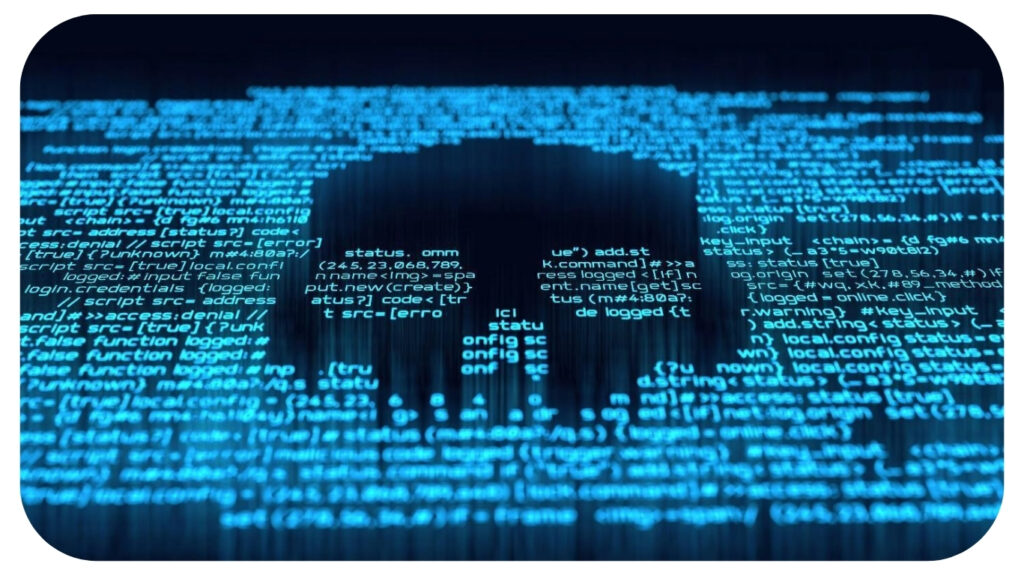 Malicious computer programming code in the shape of a skull.