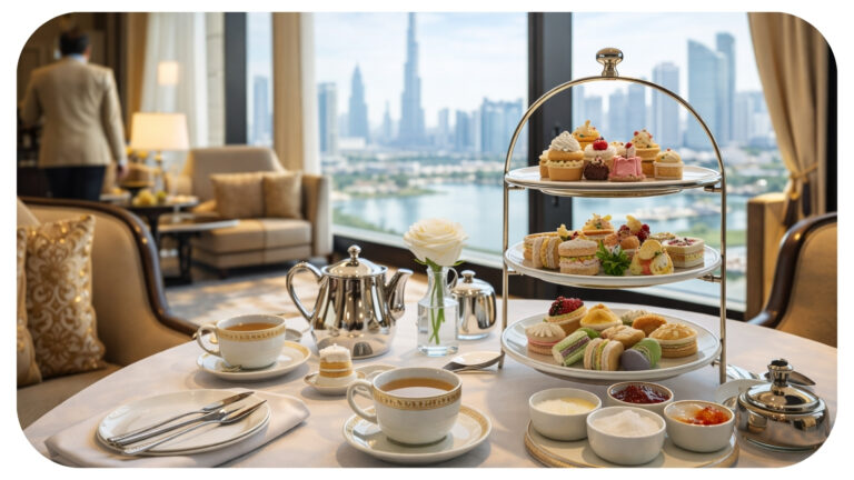 Luxury afternoon tea setup in Dubai hotel lounge with tiered dessert stand premium tea cups and elegant skyline view highlighting the best afternoon tea experience in Dubai.