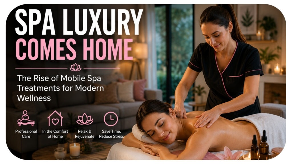 Massage therapist giving a client a back massage on a portable table set up in a cozy home living room.