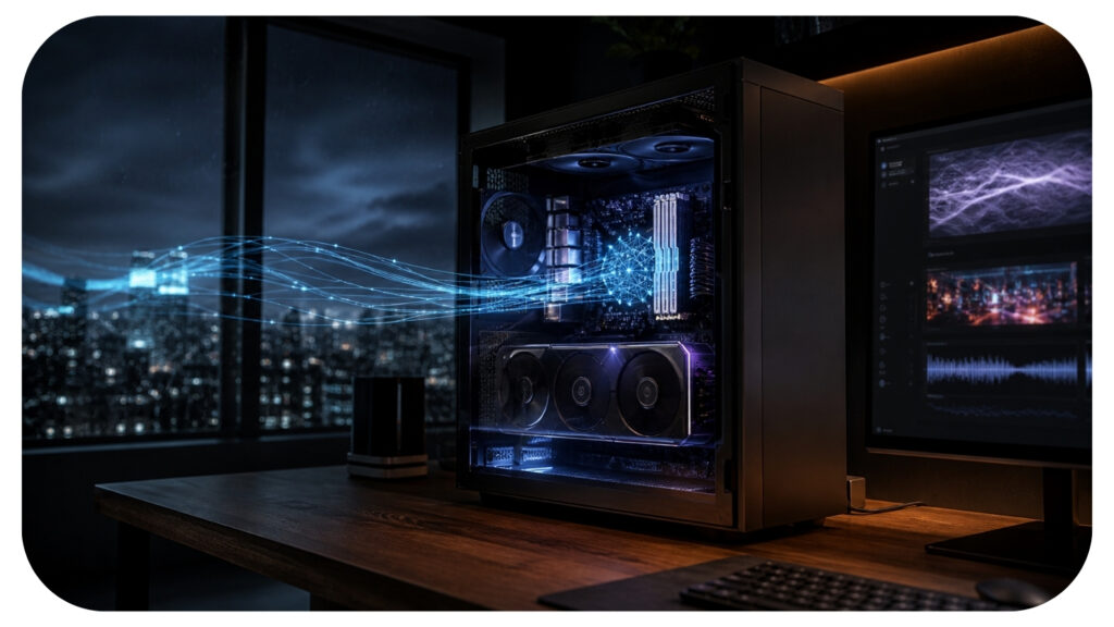 Desktop PC tower with visible GPU and glowing data streams flowing in from a city skyline, representing local AI processing.