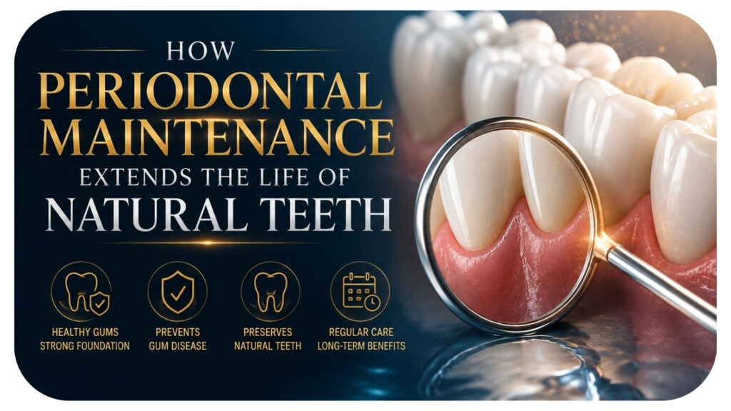 Close up of teeth and gums under a dental mirror illustrating periodontal maintenance and gum health.