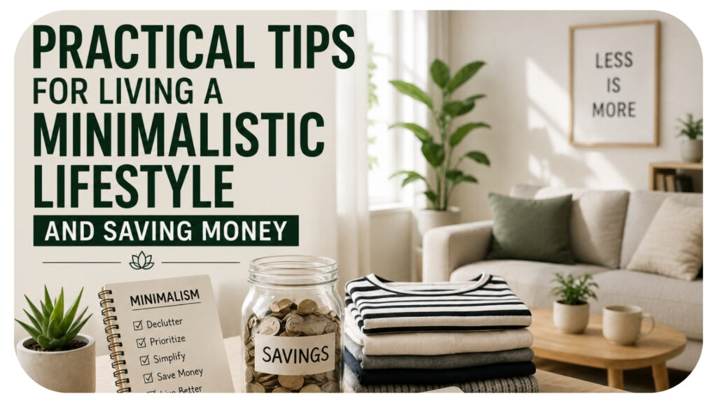 Minimalist living room with a savings jar, folded capsule wardrobe clothing, and a checklist for decluttering and saving.