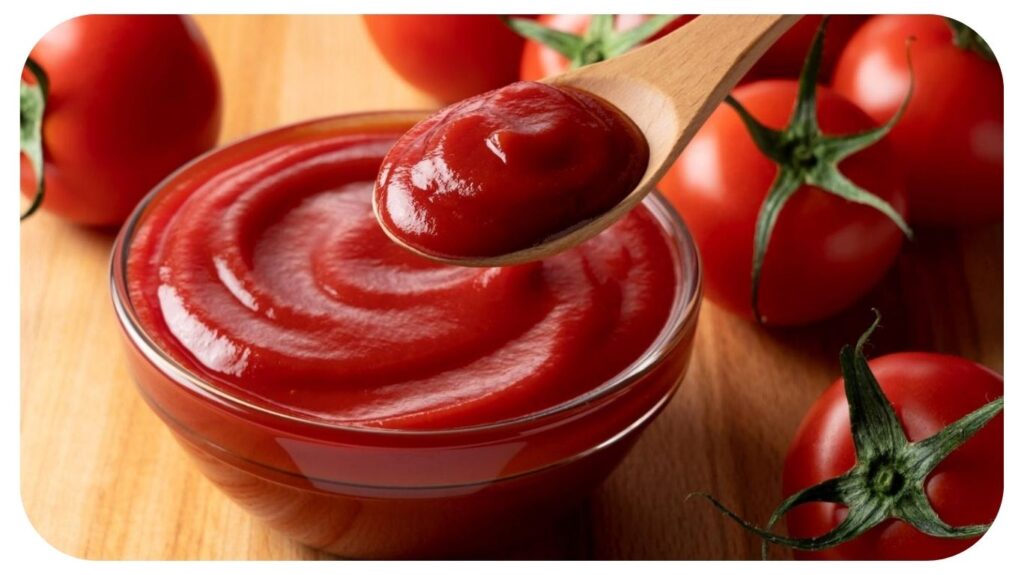 Bowl of fresh tomato ketchup with a wooden spoon and ripe tomatoes on a wooden table.