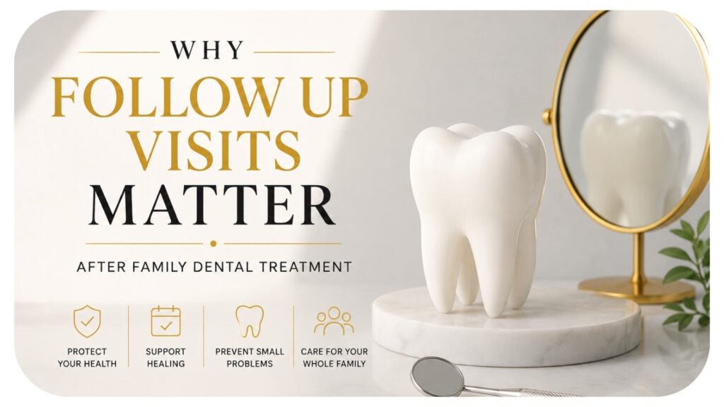 Decorative tooth model on a marble stand beside a mirror and dental mirror tool, representing follow up dental care.