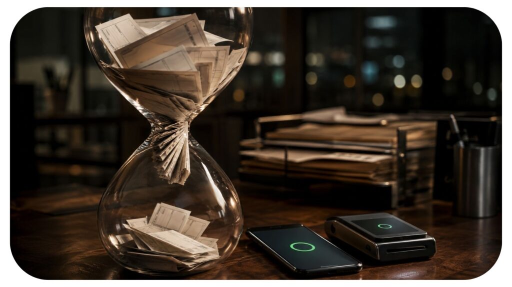 Hourglass filled with paper invoices beside a smartphone and digital payment terminal, symbolizing delays in B2B payment processing.