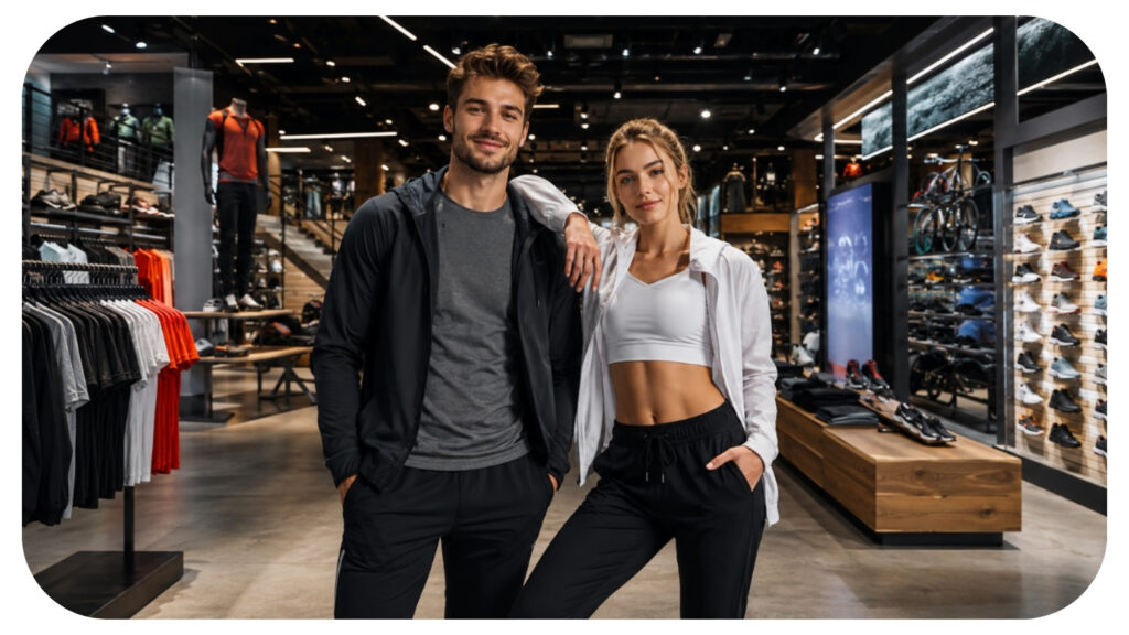 Man and woman wearing athletic clothing inside a modern sporting goods store displaying sportswear, shoes and bicycles.