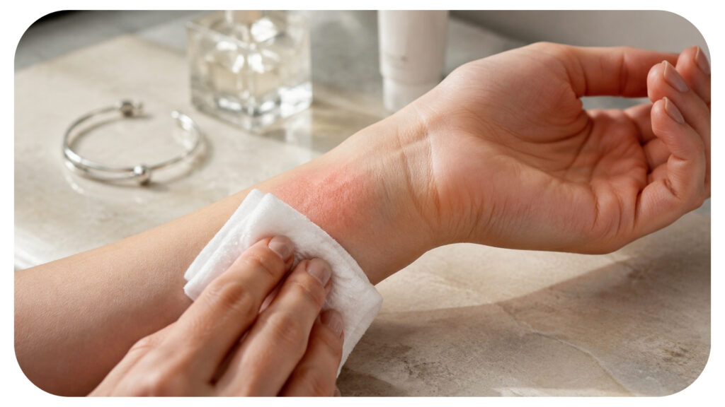 Person applying a cold compress to a red contact dermatitis rash on the wrist, with metal jewelry nearby as a possible allergen trigger.