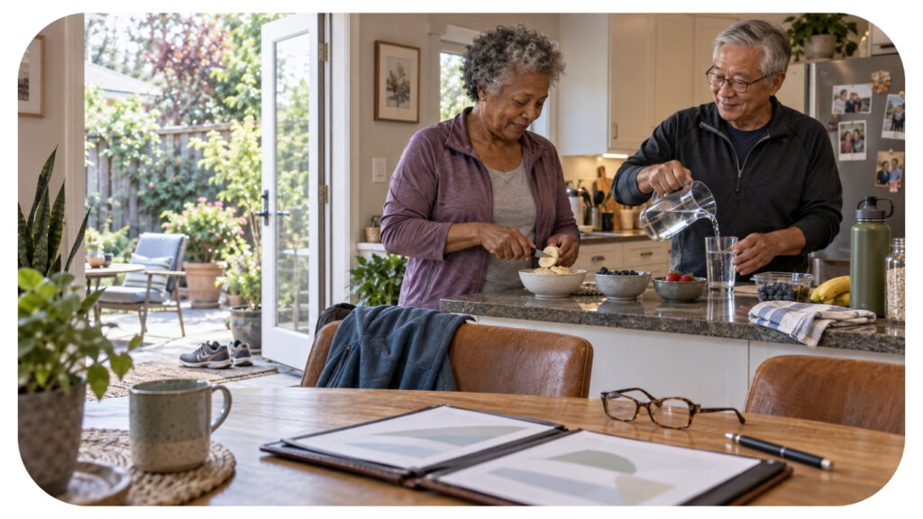 Retired couple preparing a healthy breakfast together in their kitchen, with a financial planning binder on the table.