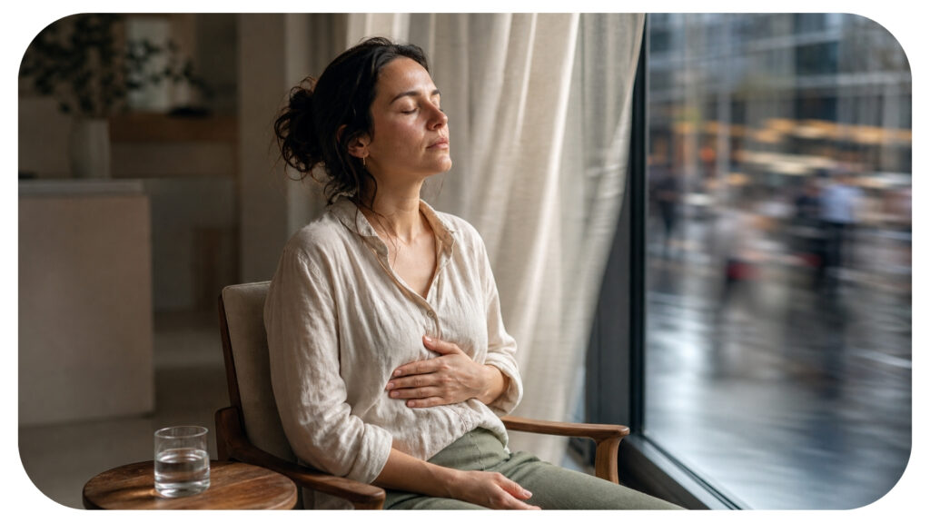 Woman sitting calmly with eyes closed, one hand on her chest, practicing deep breathing by a window.