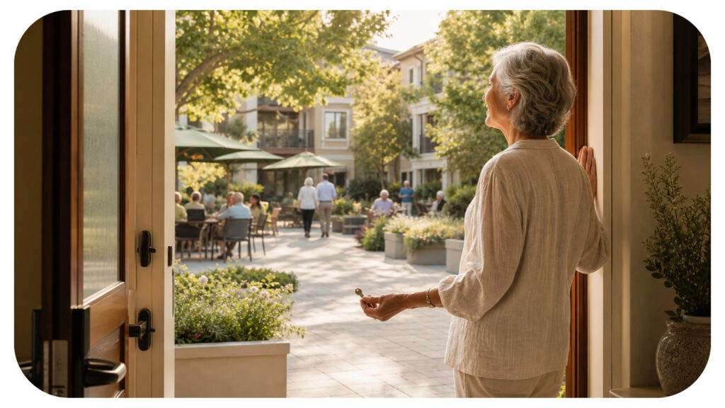 Older woman holding a key while stepping into an assisted living community courtyard with residents socializing outside.