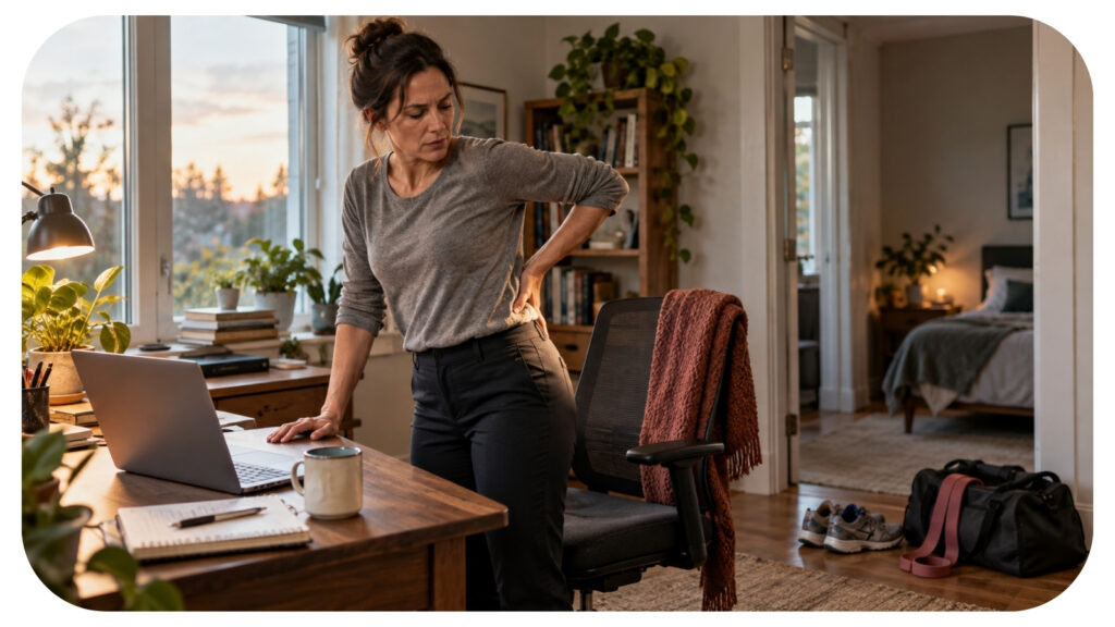 Woman standing at her desk holding her lower back, with a gym bag and running shoes visible on the floor nearby.