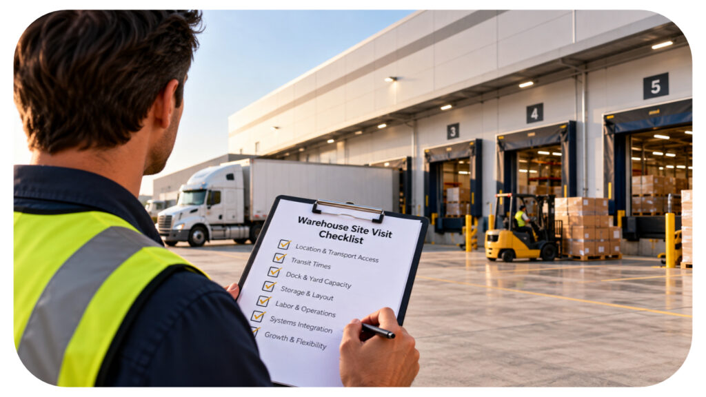Logistics professional reviewing a 3PL warehouse site visit checklist while inspecting loading docks, delivery trucks, storage facilities, and warehouse operations.