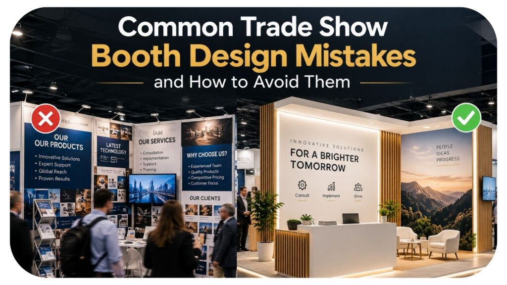 Side-by-side comparison of a cluttered trade show booth with poor signage and a modern, well-designed exhibition booth featuring clear branding, strategic lighting, and an inviting layout.