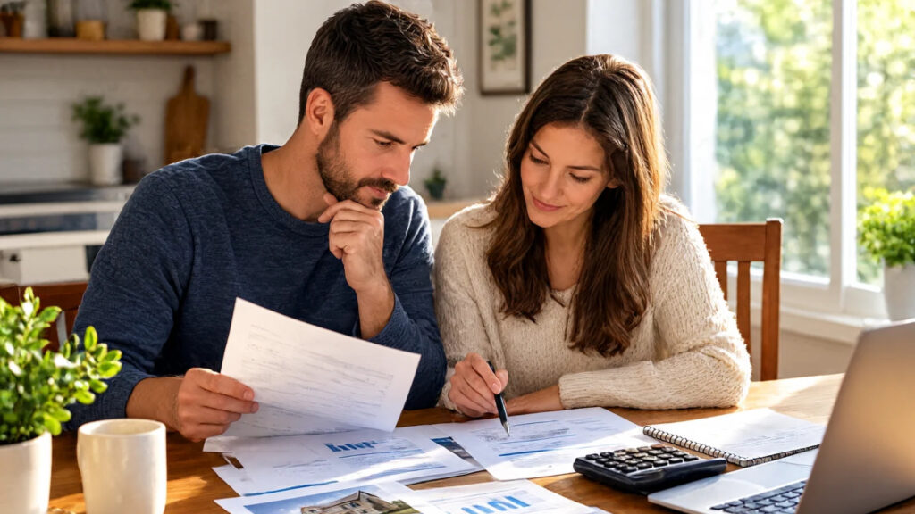 Couple reviewing mortgage options and financial documents with a calculator and laptop at their dining table.