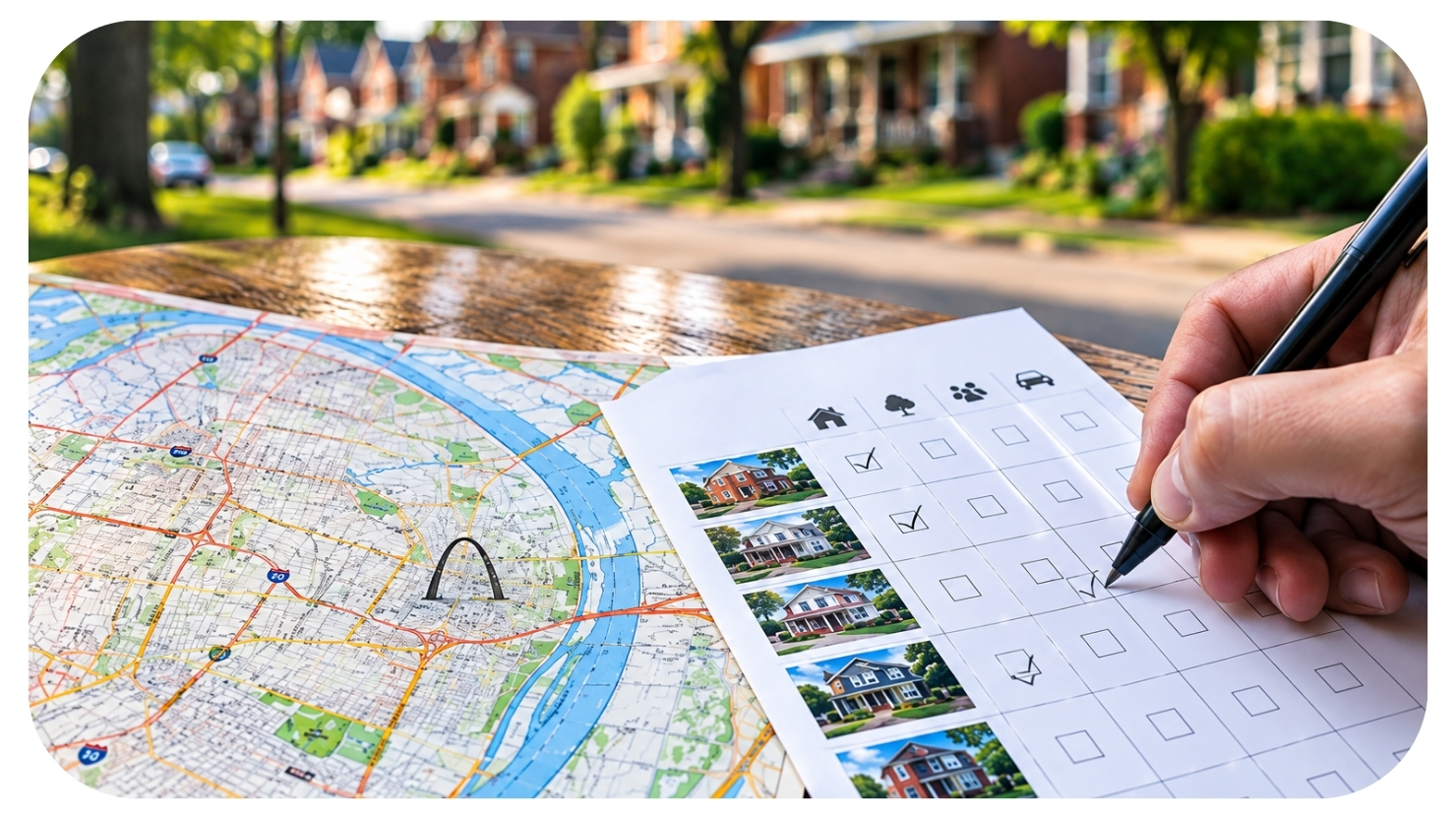 Homebuyer comparing houses on a neighborhood checklist beside a city map while researching St. Louis neighborhoods before buying a home.