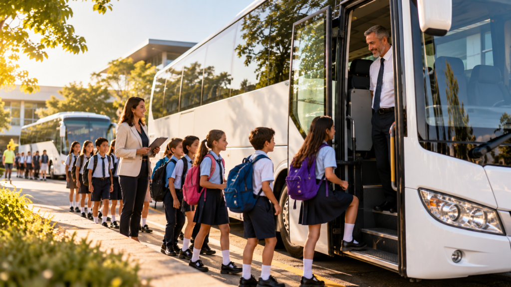 Schoolchildren with backpacks boarding a white charter coach while a teacher supervises and a driver welcomes them.