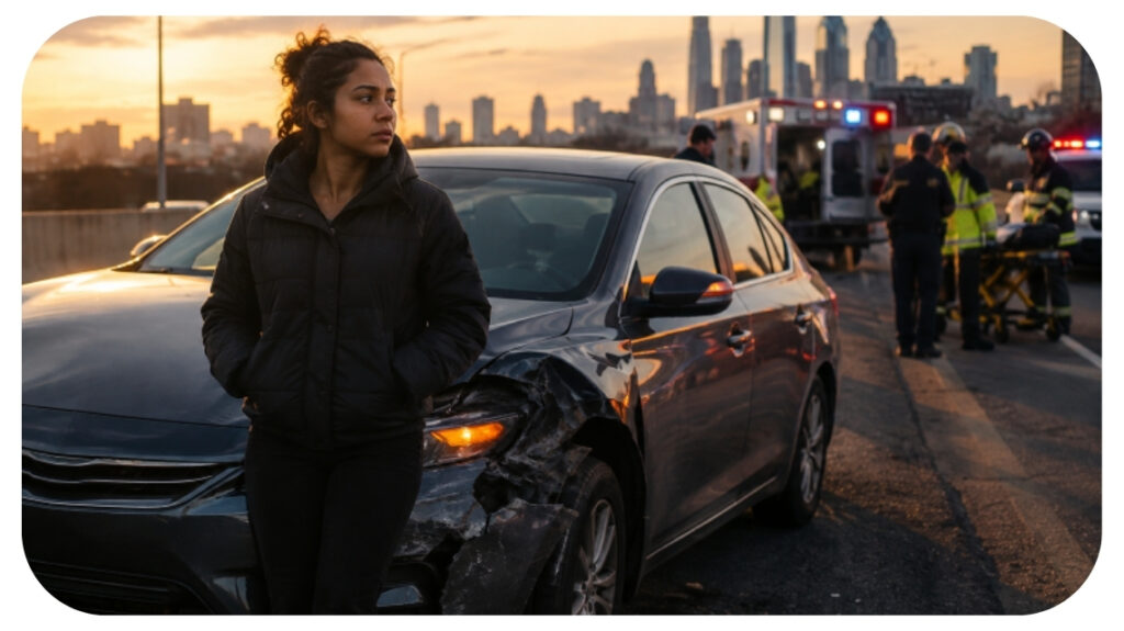 Woman standing beside a damaged car after a traffic accident in Philadelphia, with emergency responders and an ambulance at the scene.