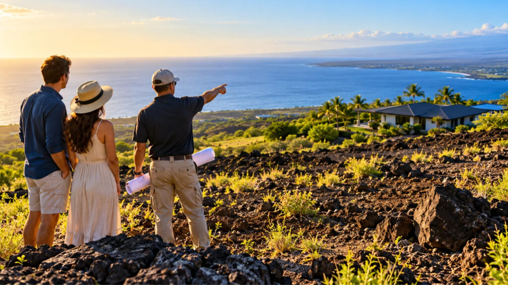 A couple and a builder surveying a rocky volcanic hillside overlooking the ocean on Hawaii's Big Island, with construction plans in hand.