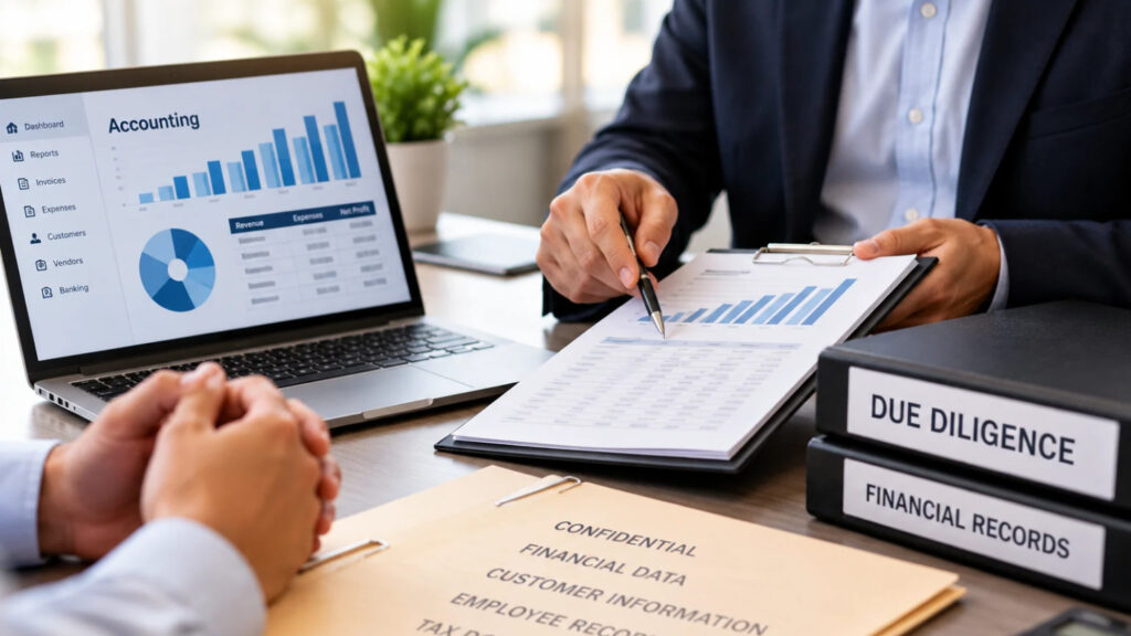Business owner and financial advisor reviewing confidential accounting records, financial reports, and due diligence documents during a business sale.