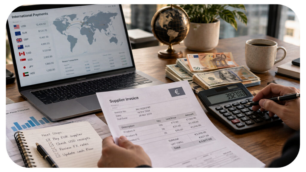Small business owner reviewing an international supplier invoice and currency exchange rates with a calculator, foreign currency notes, and a laptop displaying global payments.