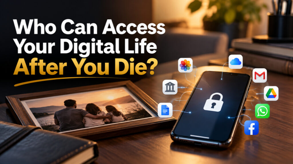 Locked smartphone surrounded by digital account icons beside a family photograph, illustrating who can access your photos, emails and online accounts after death.