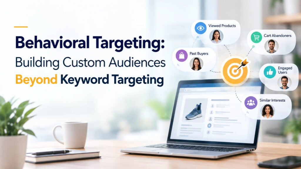 Illustration of eCommerce behavioral targeting showing a laptop dashboard and customer audience segments, including product viewers, past buyers, cart abandoners, engaged users, and similar interests.