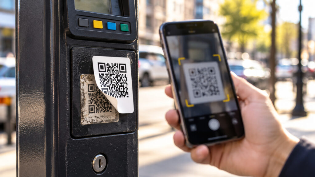 Person holding a smartphone near a parking meter with a suspicious QR code sticker partially covering another code.