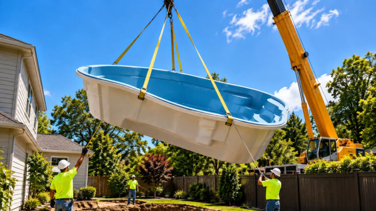 Construction workers guiding a fiberglass swimming pool shell suspended by a crane over a residential backyard, ready to be lowered into an excavated pool area.